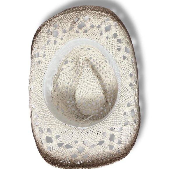 White Brown Crochet Straw Cowboy Hat Turquoise Beaded Band - Picture 3 of 4